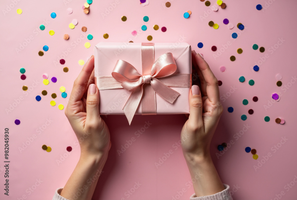 Festive Gift Box with Confetti: Woman's Hands Holding Elegant Present on Pink Table for Celebrations Festive Gift Box with Confetti: Woman's Hands Holding Elegant Present on Pink Table for Celebrations
