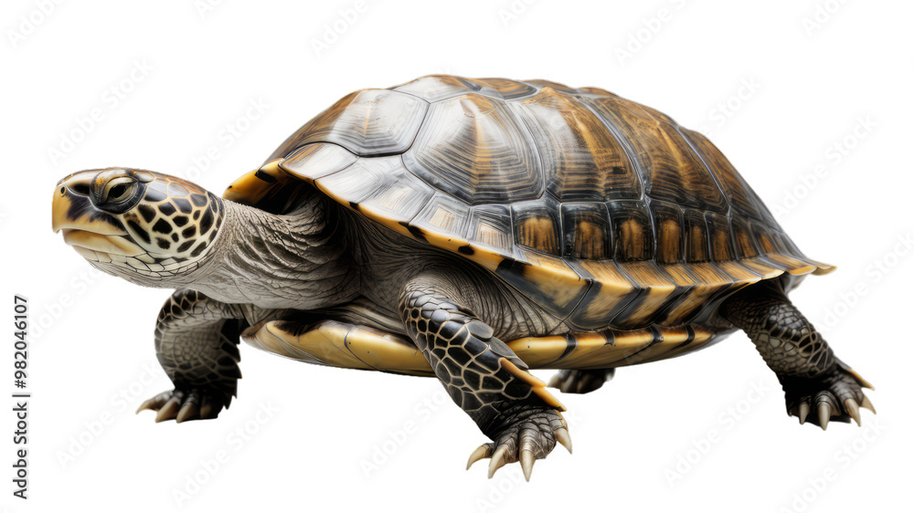 Fototapeta premium A detailed close up of a tortoise against a neutral background