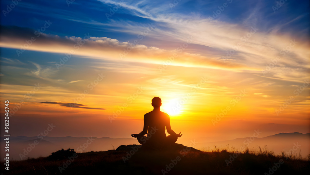 Silhouette of a person meditating on a hilltop at sunset, peaceful, tranquil, meditation, mindfulness, sunset, horizon