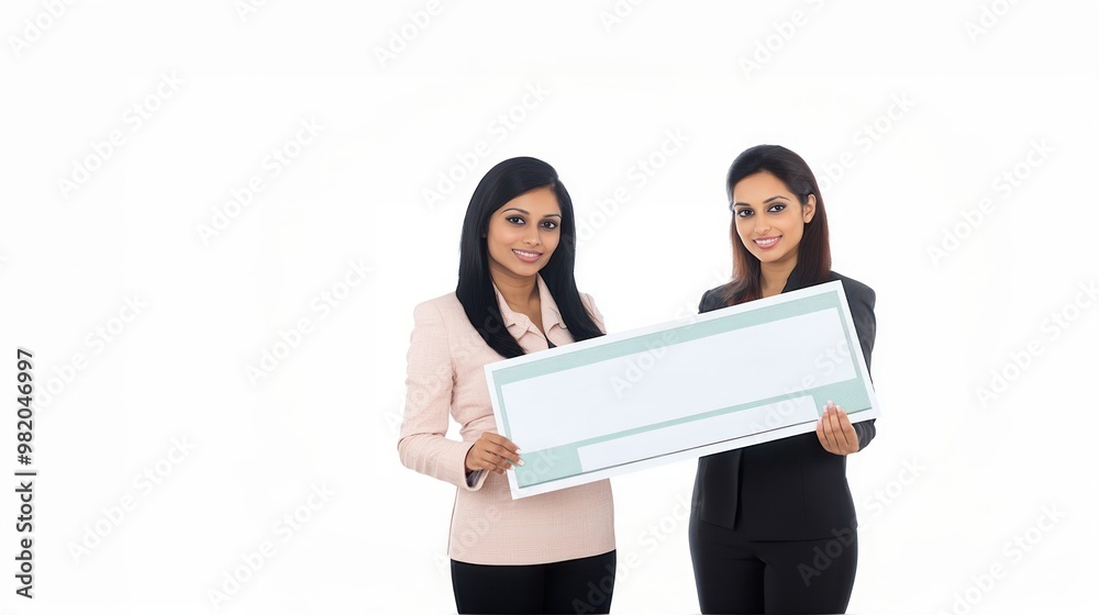 Two Indian women in business attire holding a large check on a white background, celebrating incentives, business success, financial reward