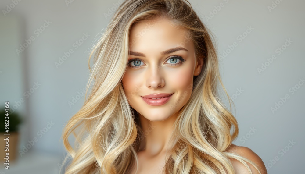Beautiful woman with blonde hair and captivating blue eyes, showcasing natural beauty and a warm smile in a soft indoor setting. Beautiful woman with blonde hair and captivating blue eyes, showcasing natural beauty and a warm smile in a soft indoor setting.