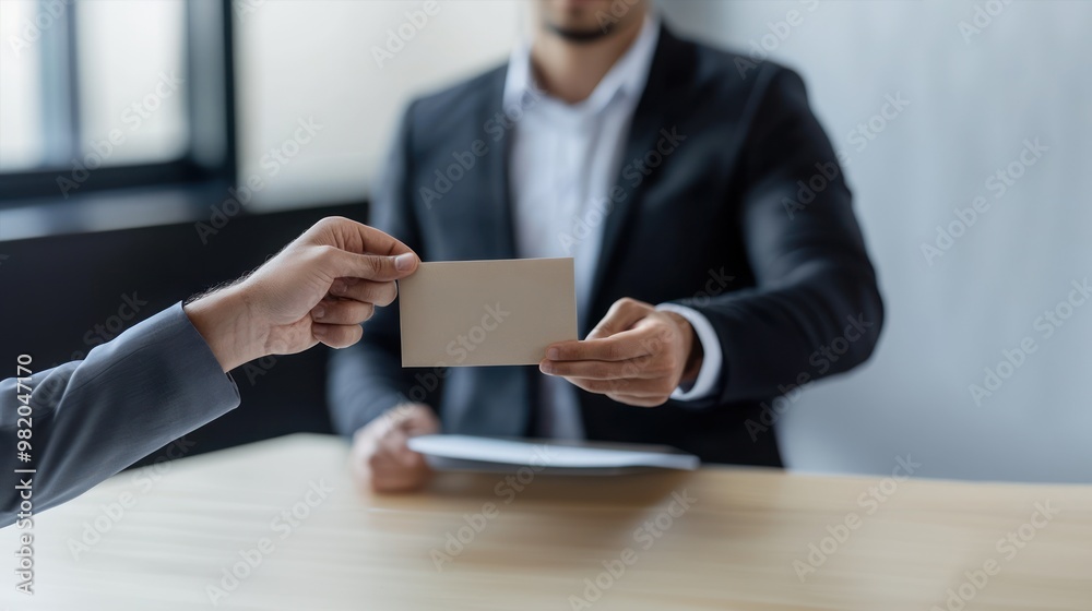 A businessman handing over an envelope to his boss during a job interview, indicating financial incentives, job offers, professional reward A businessman handing over an envelope to his boss during a job interview, indicating financial incentives, job offers, professional reward