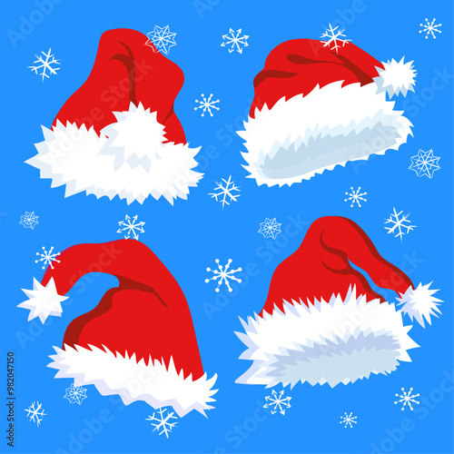A set of New Year's fluffy Santa Claus hats and various snowflakes. Vector hand drawn illustration on light blue background