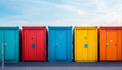 Row of colorful shipping containers against a blue sky.