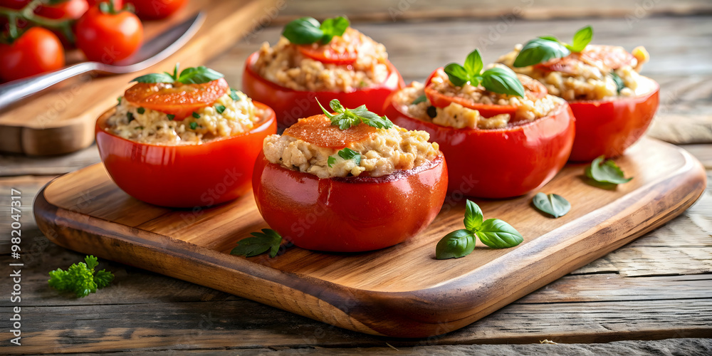 Baked stuffed chicken tomatoes served on a cutting board on wooden background with selective focus , food, delicious, gourmet Baked stuffed chicken tomatoes served on a cutting board on wooden background with selective focus , food, delicious, gourmet