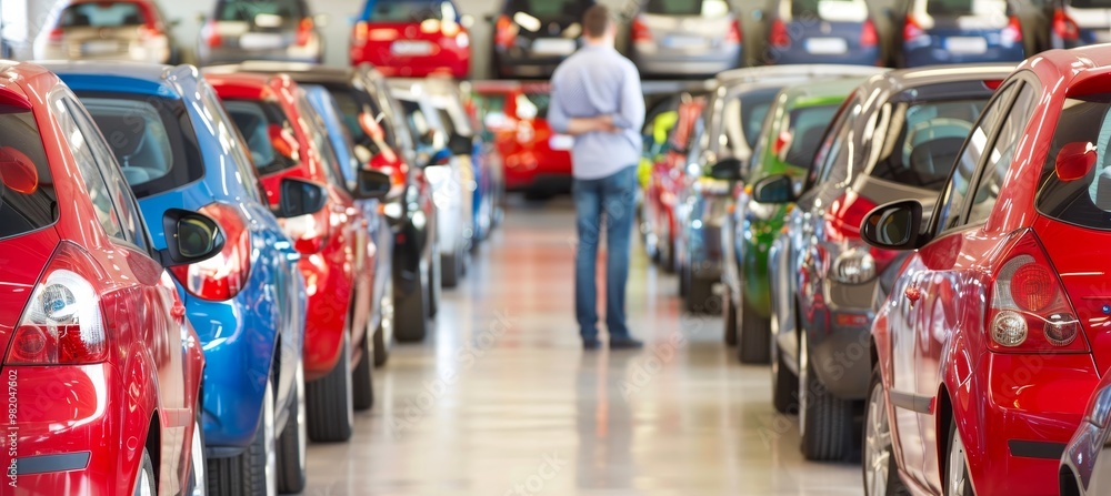 Man Deciding Between Rows of New Cars In Dealership Showroom, Seeking the Perfect Vehicle. Man Deciding Between Rows of New Cars In Dealership Showroom, Seeking the Perfect Vehicle.