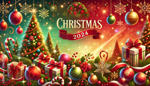 Vibrant Christmas 2024 scene with trees, ornaments, gifts, and festive decorations