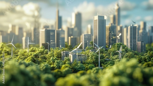 A city skyline with wind turbines and trees in the foreground, representing a sustainable future.