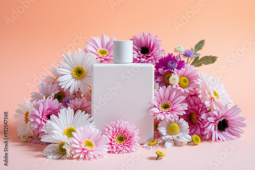 cosmetic wehite bottle surrounded by flowers.generative AI photo