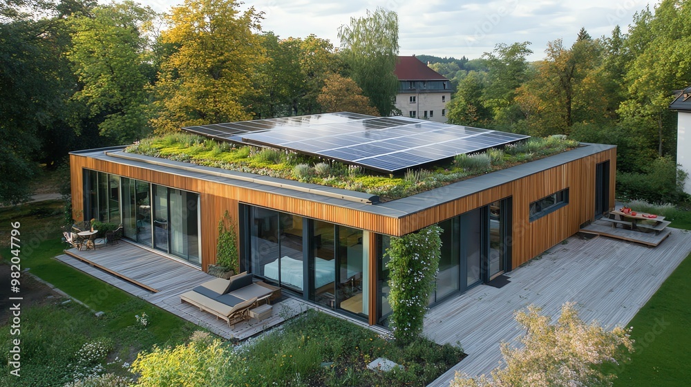 Modern, eco-friendly house with a green roof and solar panels. Modern, eco-friendly house with a green roof and solar panels.