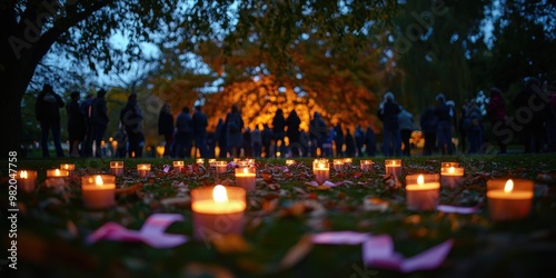 A nighttime vigil with candles lit in a park, with people holding hands and standing in a circle, each holding a small pink ribbon, creating a serene and hopeful atmosphe photo