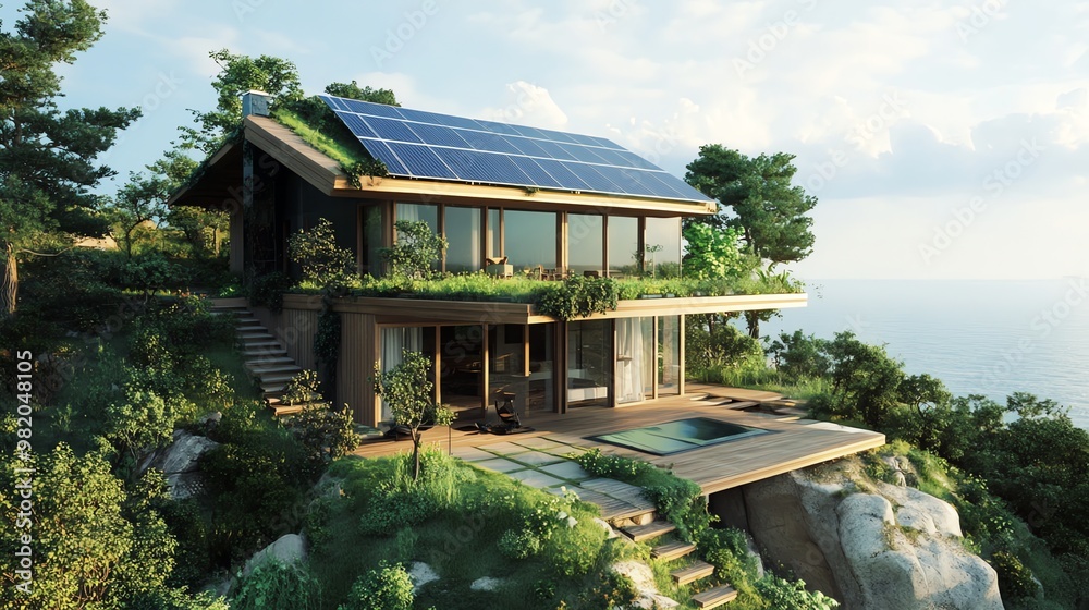 Modern home with a green roof and solar panels on a cliff overlooking the sea. Modern home with a green roof and solar panels on a cliff overlooking the sea.