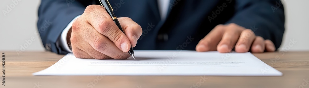 A business professional writing on a document with a pen, showcasing a focus on work and professionalism in an office setting. A business professional writing on a document with a pen, showcasing a focus on work and professionalism in an office setting.