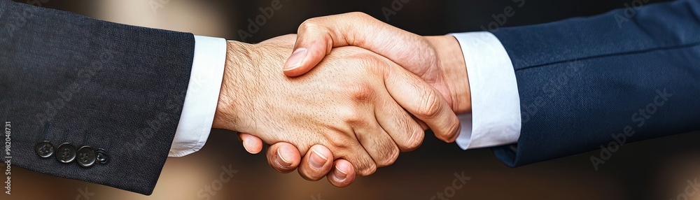 A close-up of two business professionals shaking hands, symbolizing partnership, agreement, and collaboration in the corporate world.