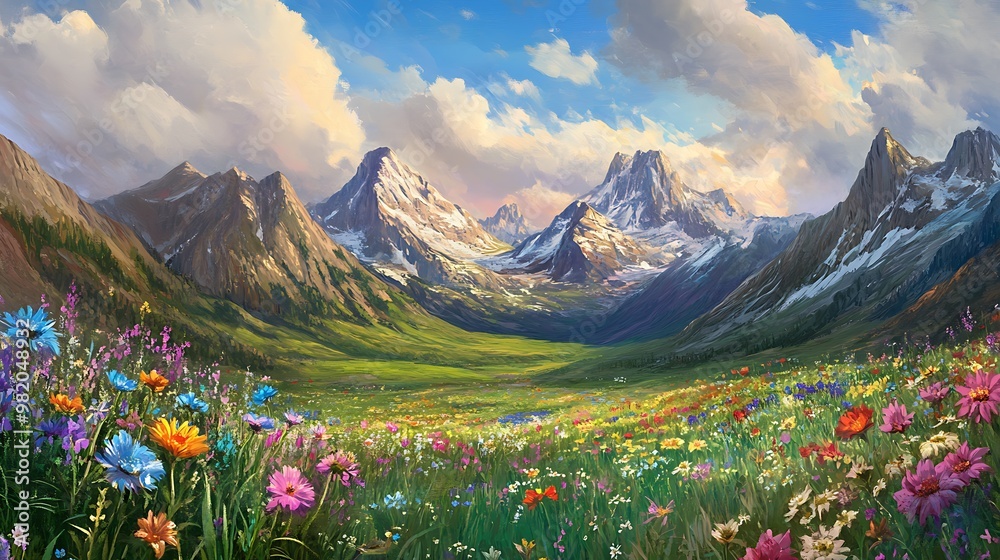 Fototapeta premium A Colorful Wildflower Meadow Surrounded by Majestic Snow-capped Mountains