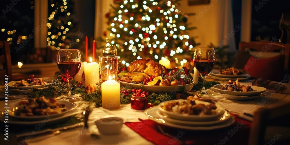 A cozy family gathering around the dinner table on Christmas night, with a beautifully set table covered in festive dishes and candles, glowing softly in the warm light A cozy family gathering around the dinner table on Christmas night, with a beautifully set table covered in festive dishes and candles, glowing softly in the warm light