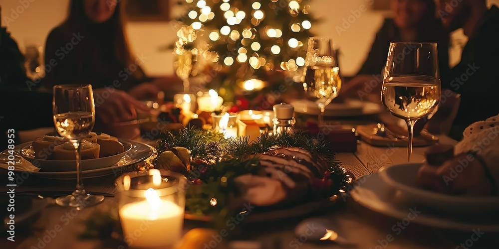 A cozy family gathering around the dinner table on Christmas night, with a beautifully set table covered in festive dishes and candles, glowing softly in the warm light A cozy family gathering around the dinner table on Christmas night, with a beautifully set table covered in festive dishes and candles, glowing softly in the warm light