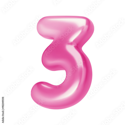 Number pink 3. Foil and chrome balloon number three in 3d style. Realistic design elements isolated on white background. Vector illustration