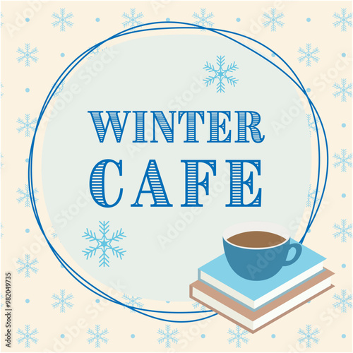 冬のカフェをイメージした文字とコーヒーや本のイラスト