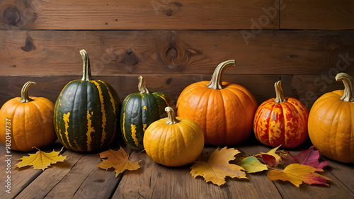 A colorful display of pumpkins and Autumn leaves, space for text