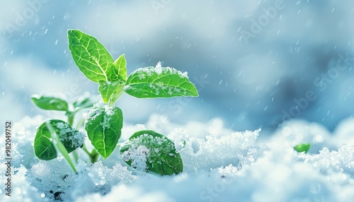 Fragile beauty of winters embrace on tender green leaves