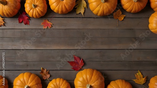 A colorful display of pumpkins and Autumn leaves, space for text