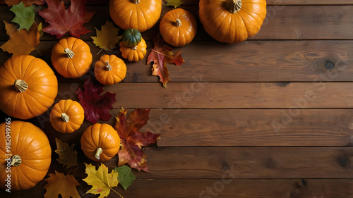 A colorful display of pumpkins and Autumn leaves, space for text