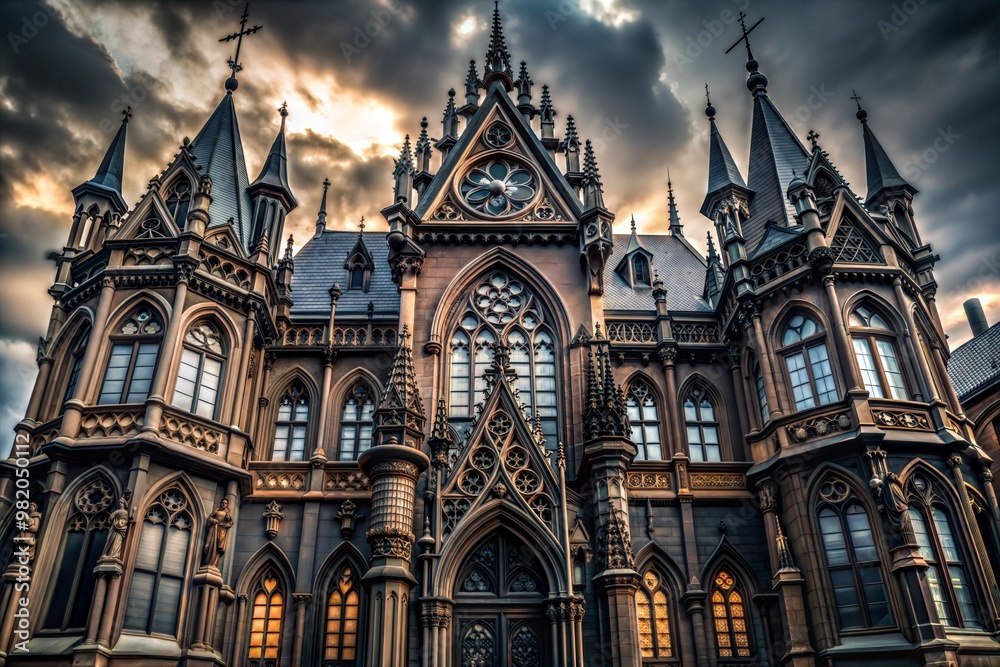 Fototapeta premium Gothic building with ornate details and dramatic cloudy sky
