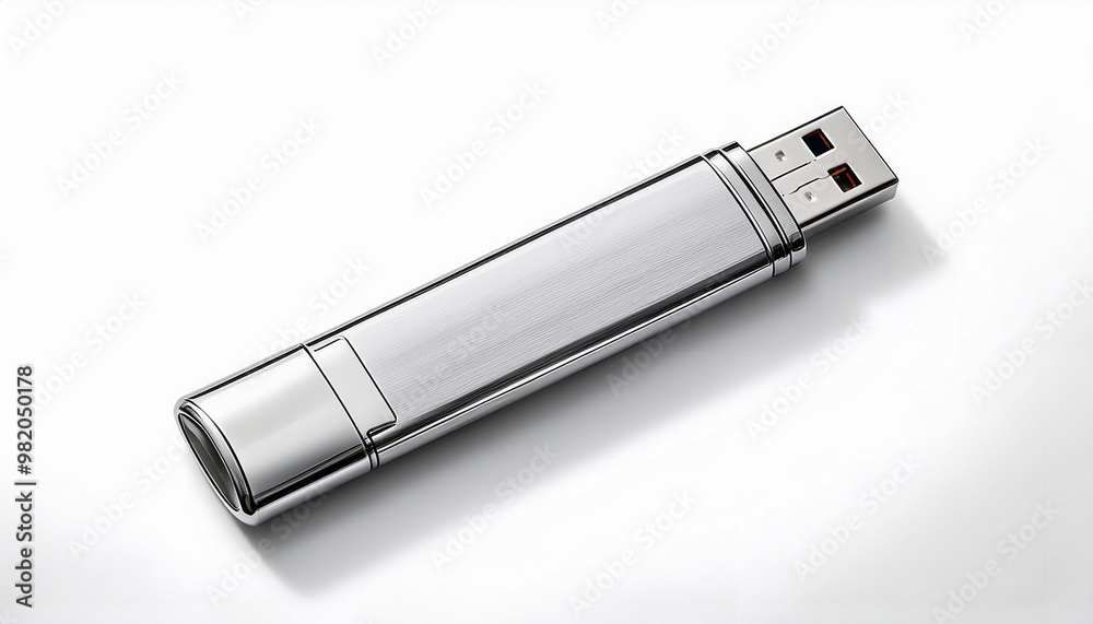 silver USB flash drive, lying diagonally on a white background silver USB flash drive, lying diagonally on a white background