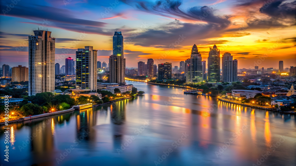 Obraz premium Twilight brilliance over Bangkok skyline with vibrant city lights reflecting on the river , Bangkok, Thailand, skyline