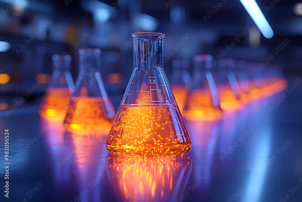 Close-up of glass beakers filled with colorful chemical solutions on a modern lab table, with a blurred background of laboratory equipment. The bright lighting creates vibrant reflections on the glass Close-up of glass beakers filled with colorful chemical solutions on a modern lab table, with a blurred background of laboratory equipment. The bright lighting creates vibrant reflections on the glass