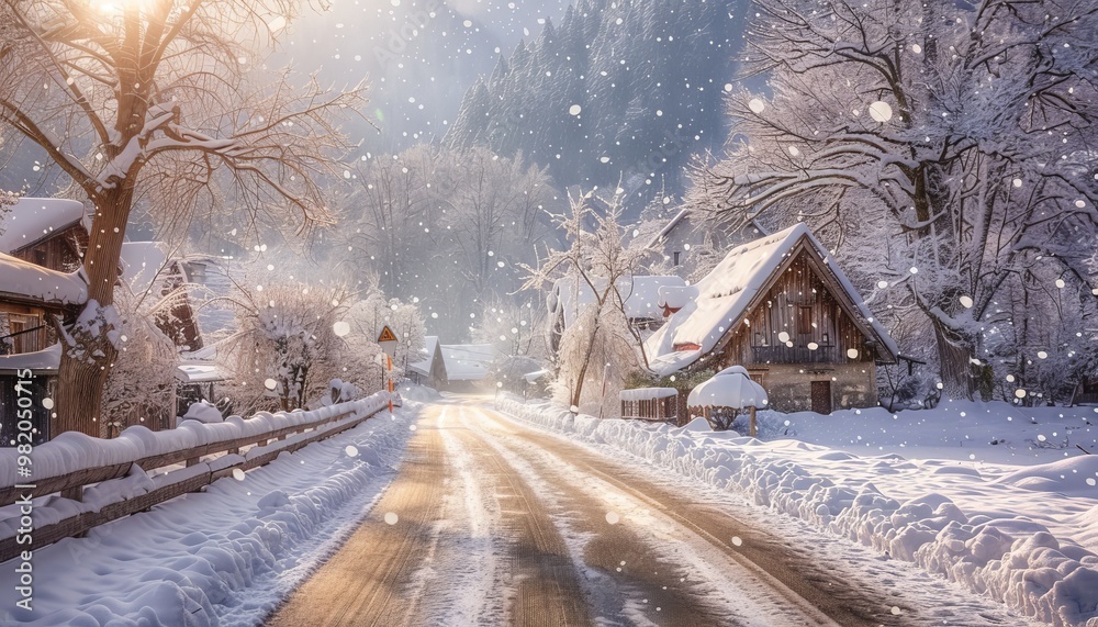 Snowy Winter Road, Idyllic Village, Houses With Snow Covered Roofs, Scenic Alpine Landscape Snowy Winter Road, Idyllic Village, Houses With Snow Covered Roofs, Scenic Alpine Landscape