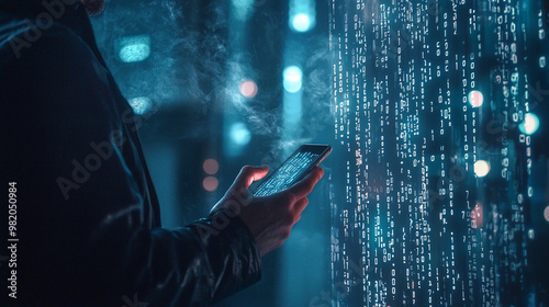 Back view of Hacker holding a phone