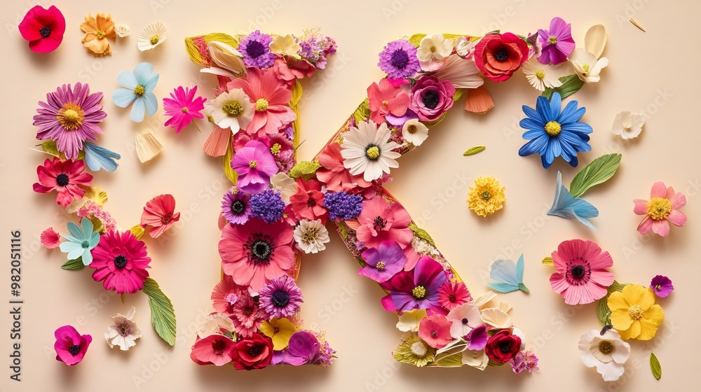 Floral alphabet crafted from vibrant flowers, adorned with delicate paper-cut letters. A vibrant collection for unique springtime ornamentation, summery designs, and diverse conceptual ideas. Floral alphabet crafted from vibrant flowers, adorned with delicate paper-cut letters. A vibrant collection for unique springtime ornamentation, summery designs, and diverse conceptual ideas.