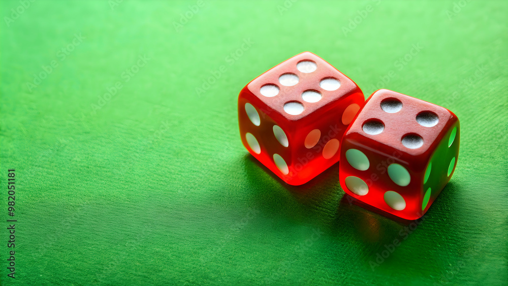Two dice rest on a vibrant green floor , game, chance, risk, luck, gambling, strategy, number, tabletop, colored, square, roll Two dice rest on a vibrant green floor , game, chance, risk, luck, gambling, strategy, number, tabletop, colored, square, roll