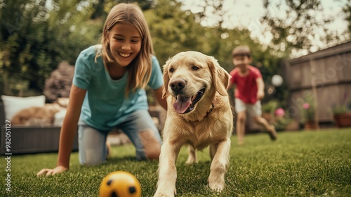 A smiling girl watches her golden retriever chase a ball while a young boy runs in the background.