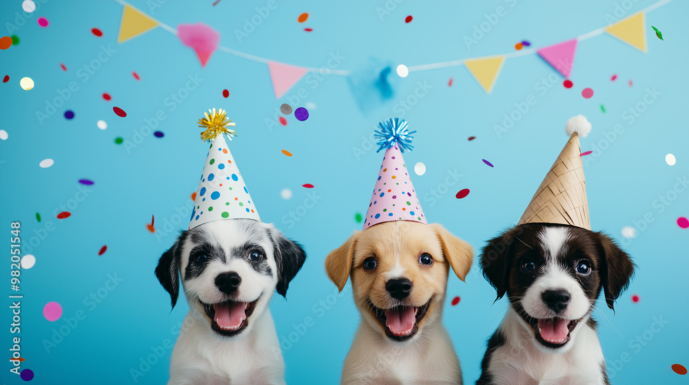 Fototapeta premium Three adorable puppies wearing festive party hats, surrounded by colorful confetti, against a bright blue background. A joyful and playful scene perfect for celebrations and pet-themed occasions.