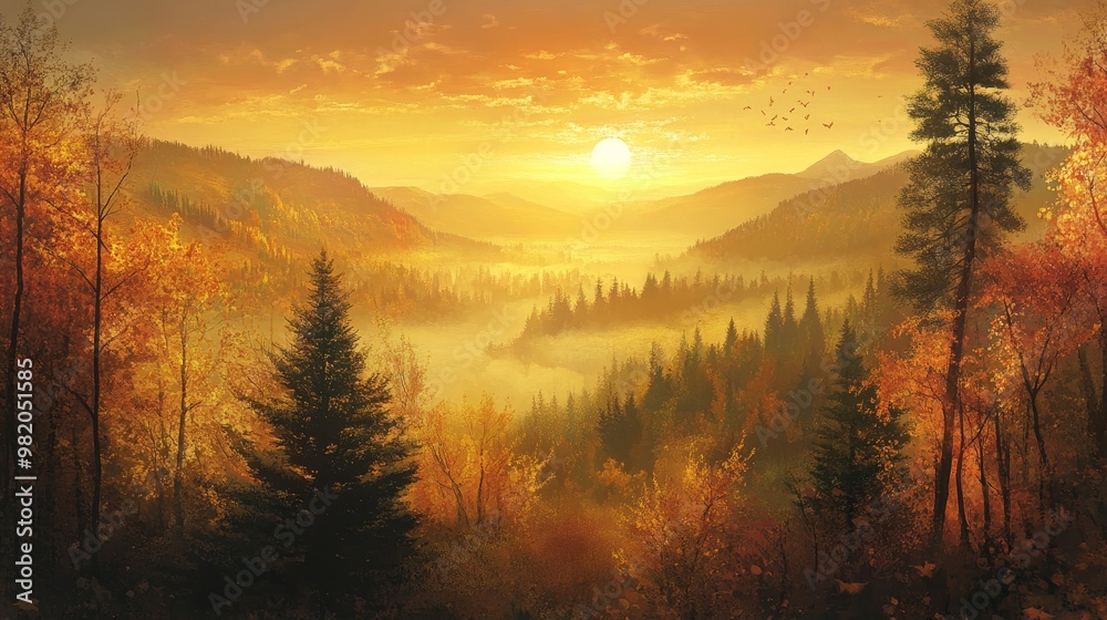 Golden hues kiss valleys veiled in autumn's mist, as the sun ascends, painting the sky with fiery bliss. Golden hues kiss valleys veiled in autumn's mist, as the sun ascends, painting the sky with fiery bliss.