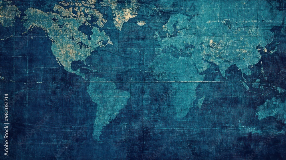 Obraz premium A textured world map in blue tones, illustrating global geography and boundaries.