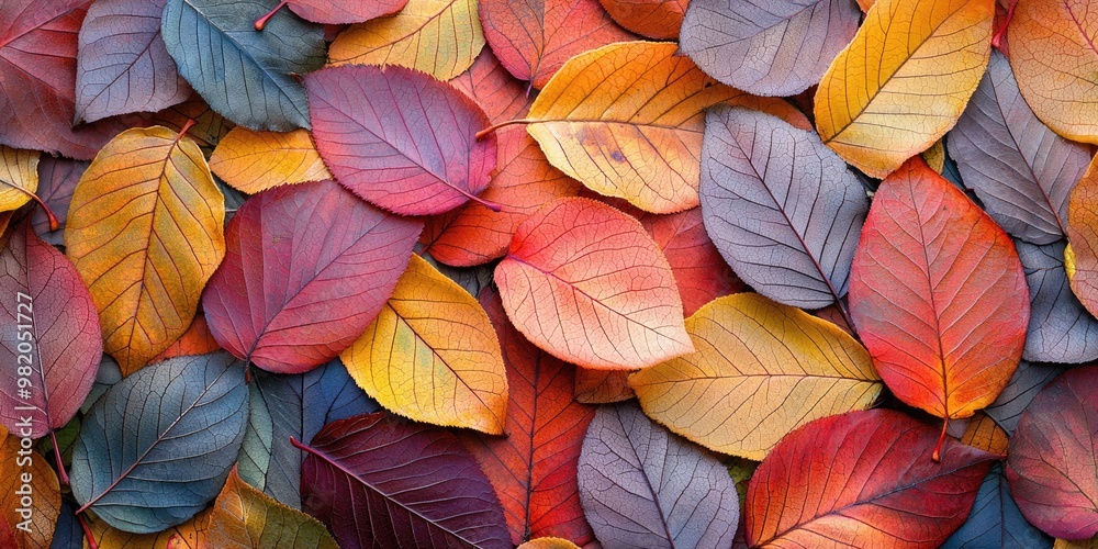 A close-up of a pile of colorful autumn leaves, with the textures of the veins and colors of each leaf vividly detailed, creating a warm, inviting fall atmosphere