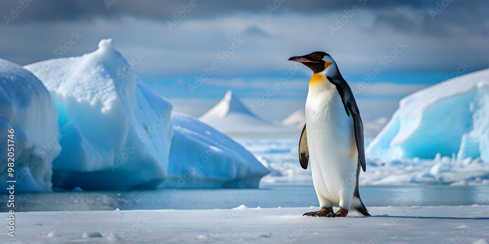 Fototapeta premium Penguin standing on icy snow in Antarctica , penguin, snow, cold, animal, wildlife, Antarctica, isolated, winter, fluffy