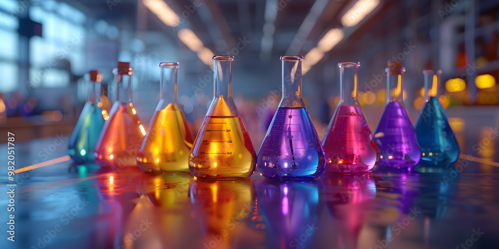 Close-up of glass beakers filled with colorful chemical solutions on a modern lab table, with a blurred background of laboratory equipment. The bright lighting creates vibrant reflections on the glass Close-up of glass beakers filled with colorful chemical solutions on a modern lab table, with a blurred background of laboratory equipment. The bright lighting creates vibrant reflections on the glass