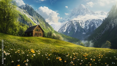 A Rustic Wooden Cabin Nestled Amongst Lush Green Mountains and a Field of Daffodils