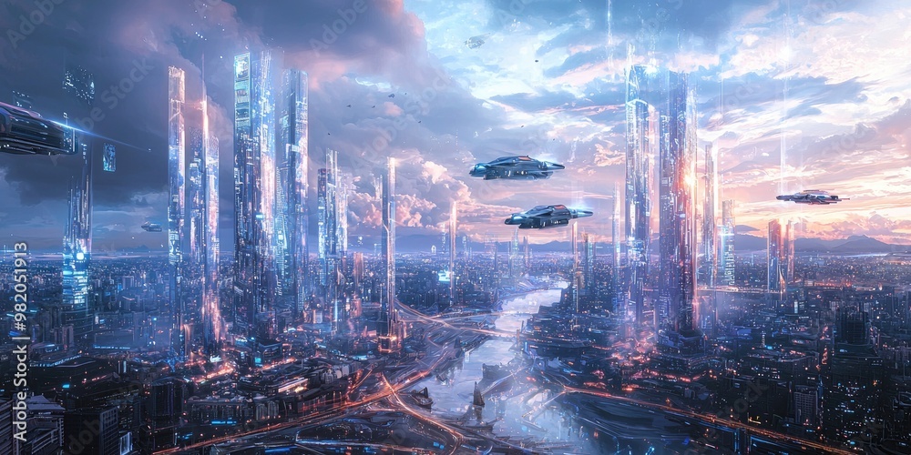 Fototapeta premium A vast, futuristic cityscape viewed through a VR headset, with towering holographic skyscrapers and flying vehicles, blending reality and digital elements into a surreal