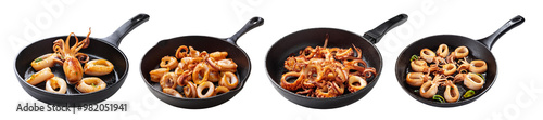 A variety of deliciously prepared squid dishes served in black pans, showcasing different cooking styles and flavors.