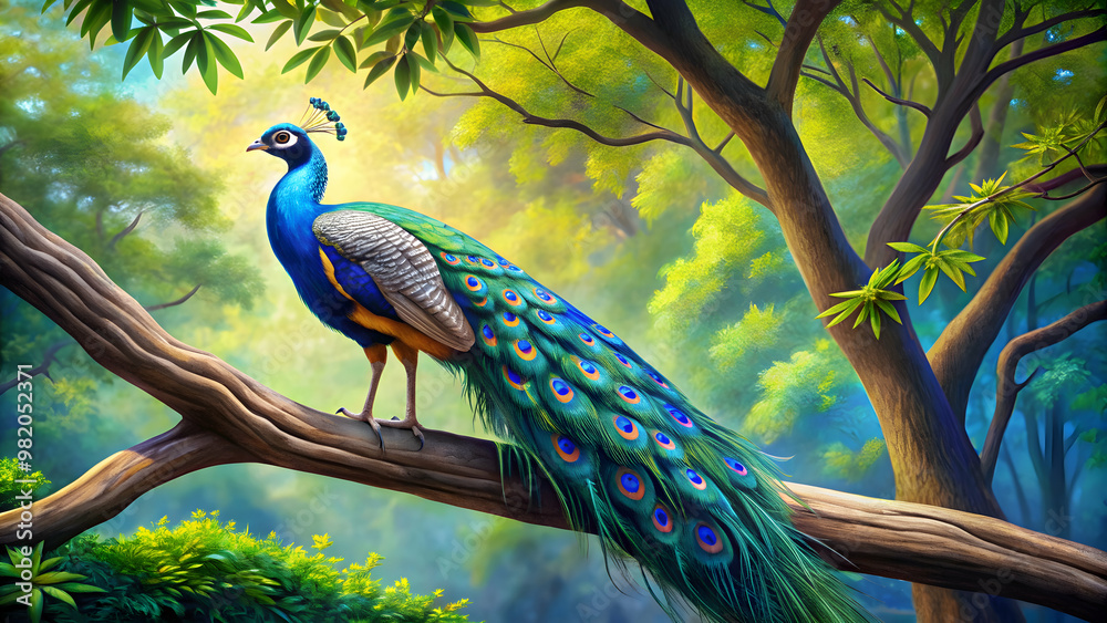 Detailed painting of a beautiful blue peacock sitting on a tree branch , peacock, bird, blue, tree, branch, detailed Detailed painting of a beautiful blue peacock sitting on a tree branch , peacock, bird, blue, tree, branch, detailed