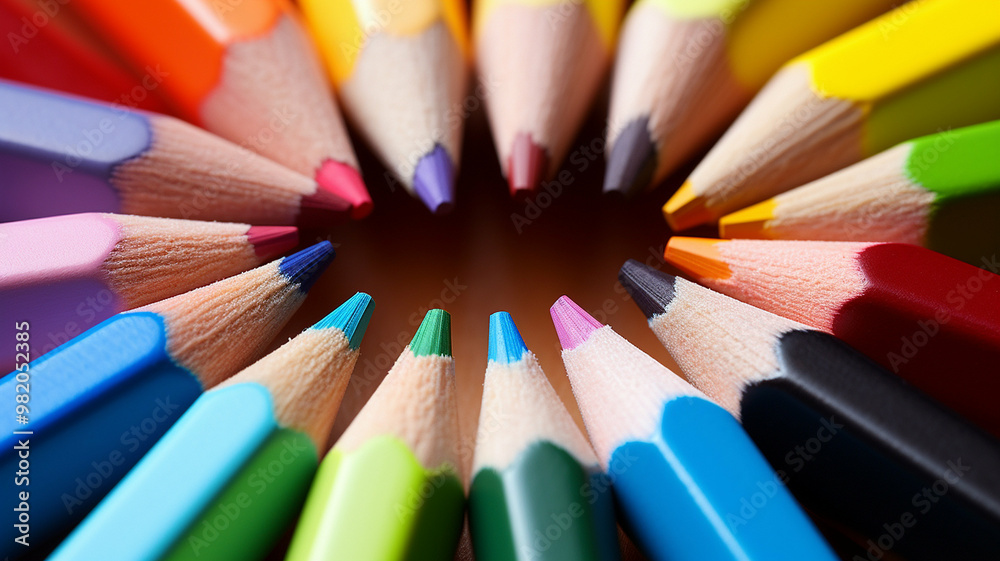 Close-up of sharpened colored pencils arranged in a circular pattern, showcasing their vibrant hues and detailed texture. Close-up of sharpened colored pencils arranged in a circular pattern, showcasing their vibrant hues and detailed texture.