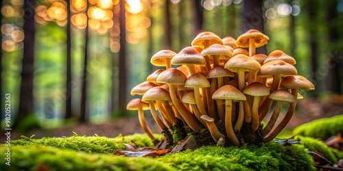 Cluster of various mushrooms growing together in the forest, nature, fungus, growth, organic, wild, forest, group, diverse photo