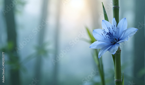 Close up highly detailed image of a blue bamboo flower in a forest. blue background with blur and bokeh. AI generated. photo