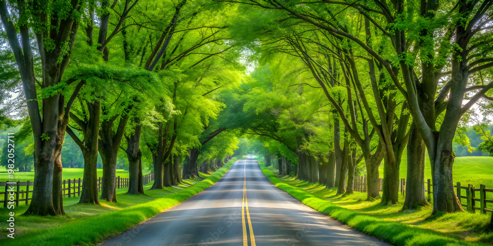 Quiet country road with green trees lining the sides , rural, scenic, landscape, peaceful, tranquil, serene, countryside, nature